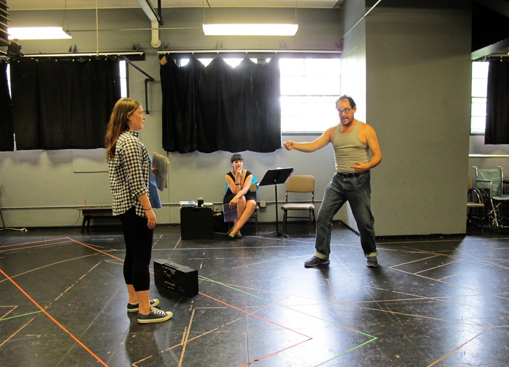 In rehearsal. (Jocelyn Maher, Director Kelly Kitchens, and David Anthony Lewis; photo by Shannon Erickson.)