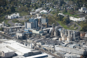 Aerial view of the Georgia Pacific paper mill in Camas Thursday March 26, 2015. (Natalie Behring/The Columbian)
