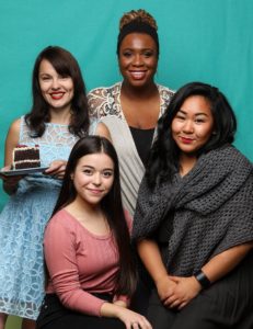 Opal Peachey (Mrs. Fanny Hatter/Ensemble), Rachel Guyer-Mafune (Martha Hatter/Ensemble), Sarah Russell (Lettie Hatter/Ensemble), and Sara Porkalob (Sophie Hatter). Photo by John Ulman